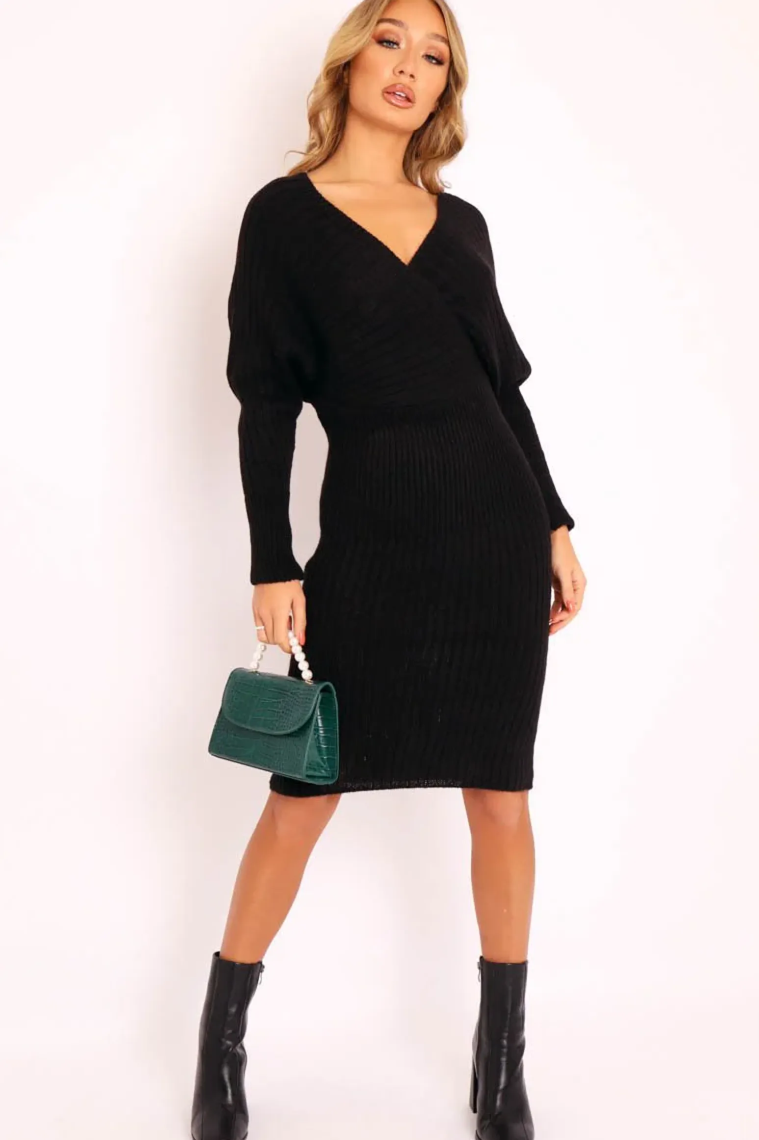 Rebellious Fashion Black Wrap Front Knit Midi Dress - Edan