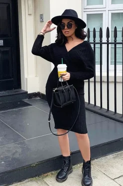 Rebellious Fashion Black Wrap Front Knit Midi Dress - Edan