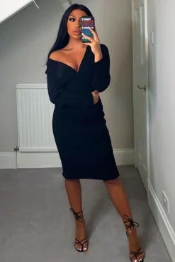 Rebellious Fashion Black Wrap Front Knit Midi Dress - Edan
