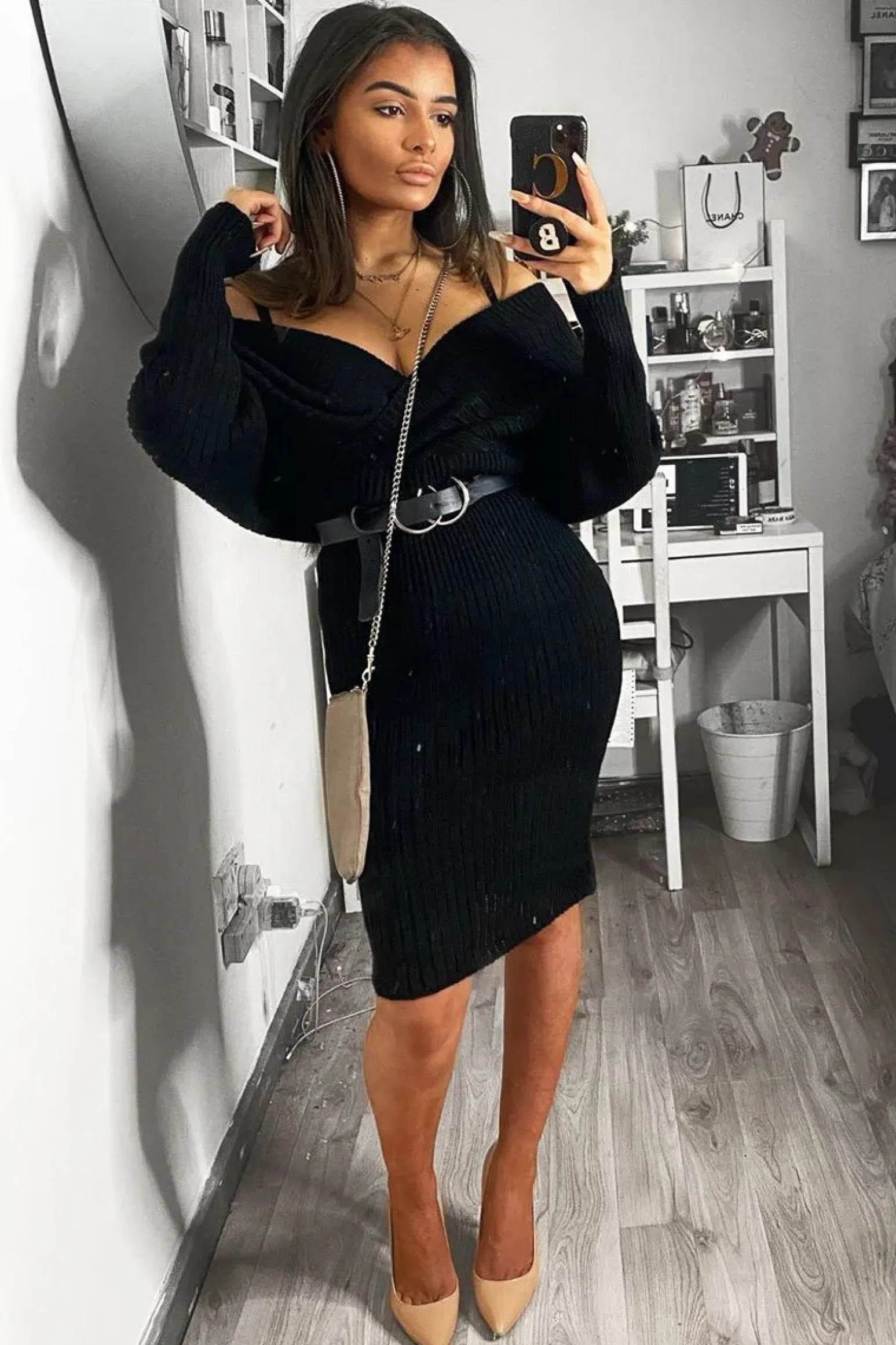 Rebellious Fashion Black Wrap Front Knit Midi Dress - Edan