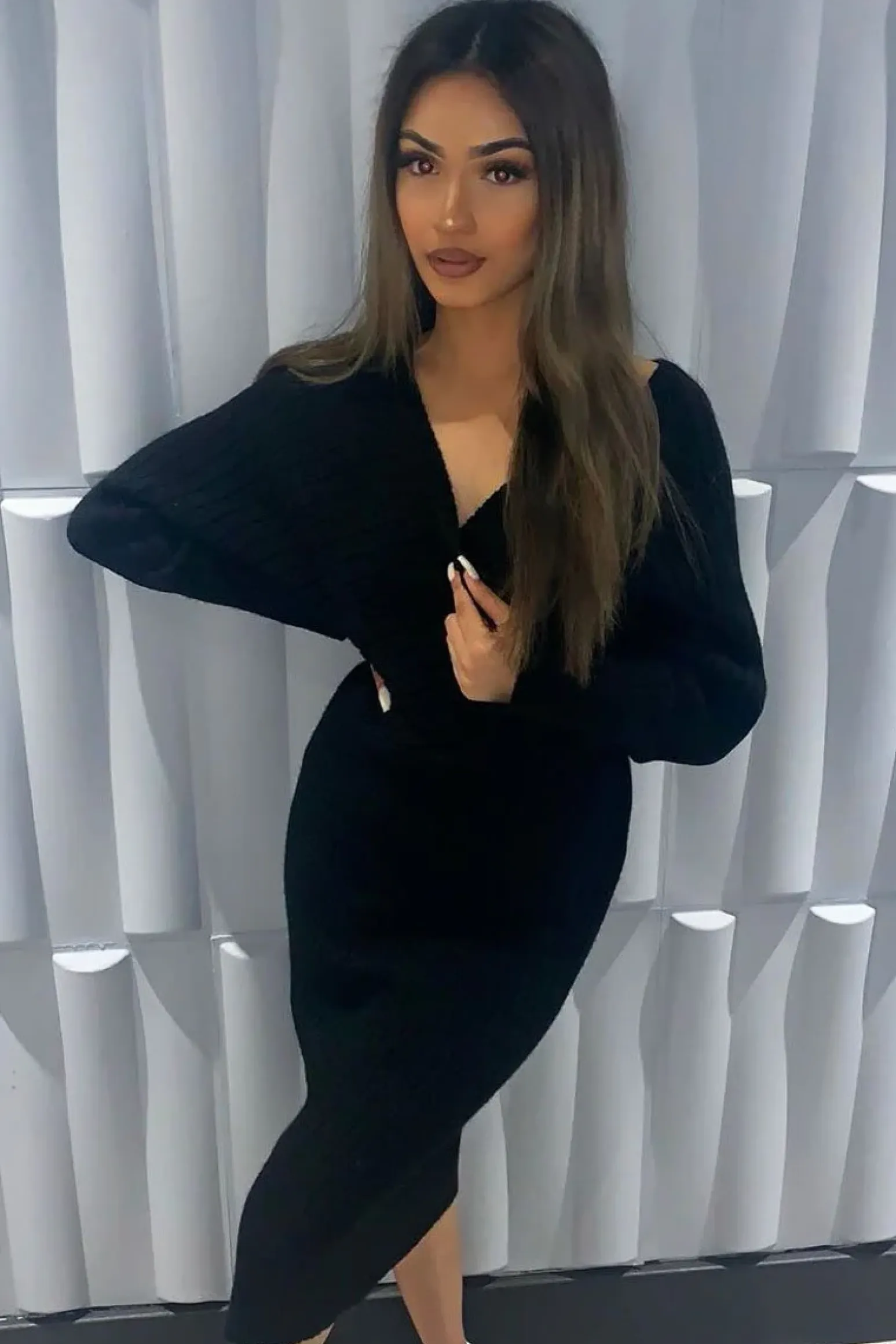 Rebellious Fashion Black Wrap Front Knit Midi Dress - Edan