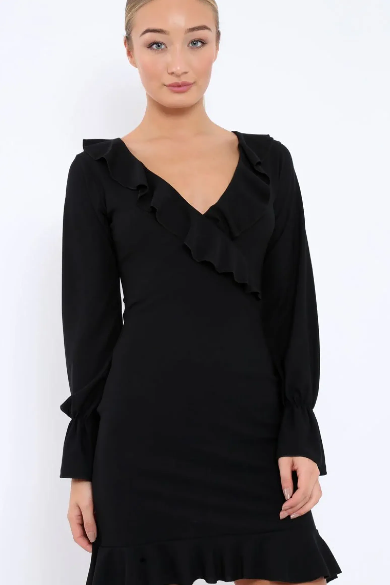 Rebellious Fashion Black Wrap Mini Dress with Frills - Maleigh