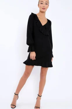 Rebellious Fashion Black Wrap Mini Dress with Frills - Maleigh