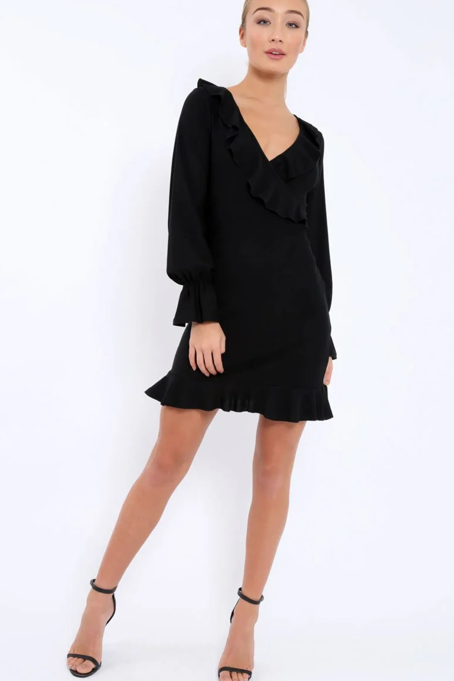 Rebellious Fashion Black Wrap Mini Dress with Frills - Maleigh