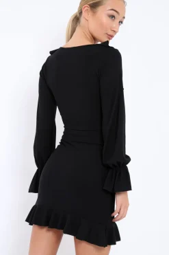 Rebellious Fashion Black Wrap Mini Dress with Frills - Maleigh