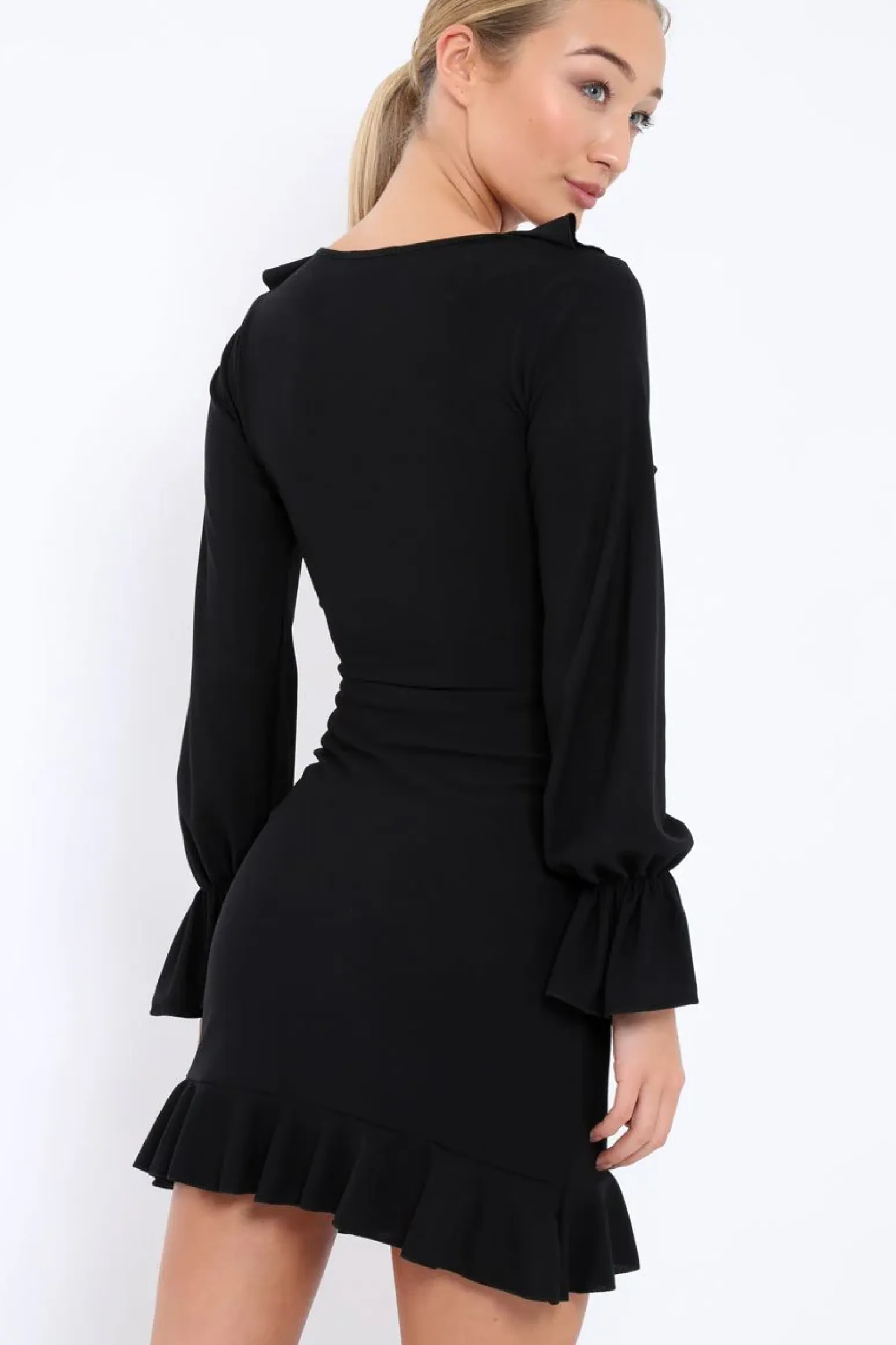 Rebellious Fashion Black Wrap Mini Dress with Frills - Maleigh