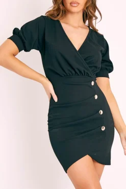 Rebellious Fashion Black Wrap Silver Button Bodycon Dress - Jaxyn