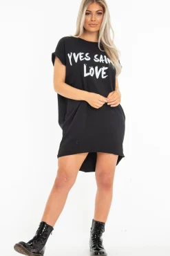 Rebellious Fashion Black Yves Saint Love Printed Slogan T-Shirt Dress - Jamey