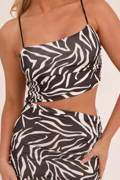 Rebellious Fashion Black Zebra Print Asymmetric Cut Out Maxi Dress - Bethany