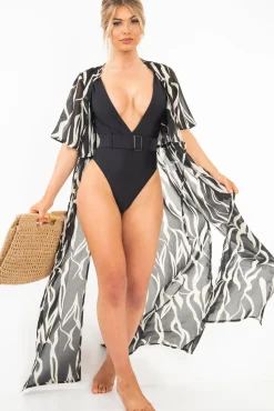 Rebellious Fashion Black Zebra Print Chiffon Plunge Tie Front Maxi Dress - Tessa