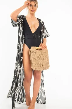 Rebellious Fashion Black Zebra Print Chiffon Plunge Tie Front Maxi Dress - Tessa