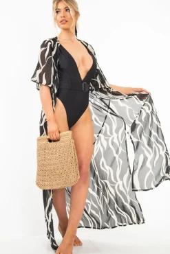 Rebellious Fashion Black Zebra Print Chiffon Plunge Tie Front Maxi Dress - Tessa