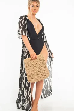 Rebellious Fashion Black Zebra Print Chiffon Plunge Tie Front Maxi Dress - Tessa