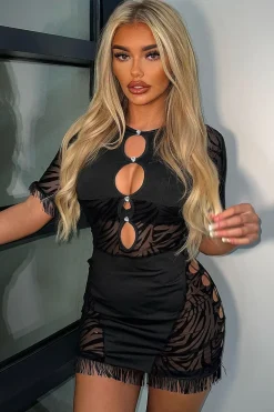 Rebellious Fashion Black Zebra Print Cut Out Mesh Mini Dress - Josslyn
