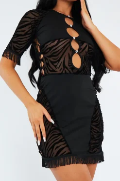 Rebellious Fashion Black Zebra Print Cut Out Mesh Mini Dress - Josslyn