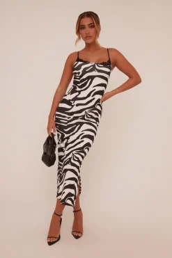 Rebellious Fashion Black Zebra Print Lace Trim Maxi Dress - Kerry