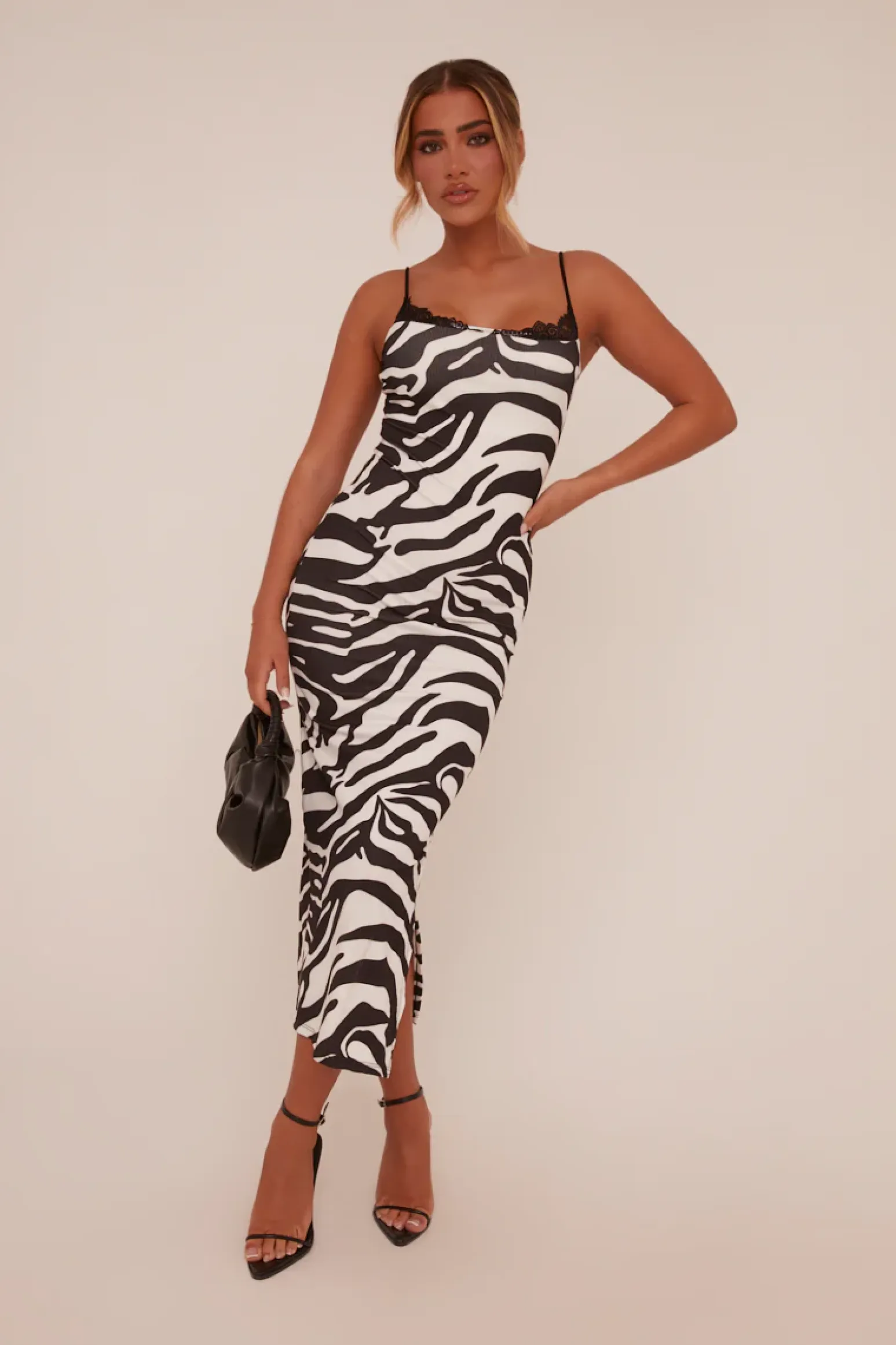 Rebellious Fashion Black Zebra Print Lace Trim Maxi Dress - Kerry