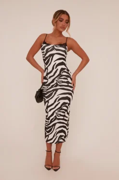 Rebellious Fashion Black Zebra Print Lace Trim Maxi Dress - Kerry