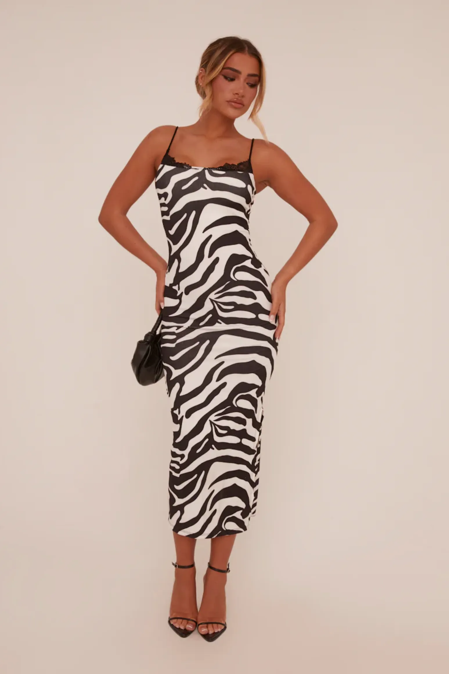 Rebellious Fashion Black Zebra Print Lace Trim Maxi Dress - Kerry