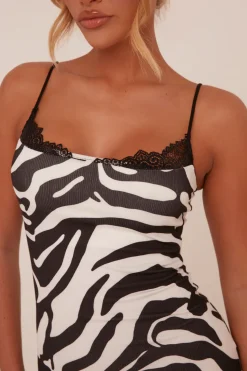 Rebellious Fashion Black Zebra Print Lace Trim Maxi Dress - Kerry