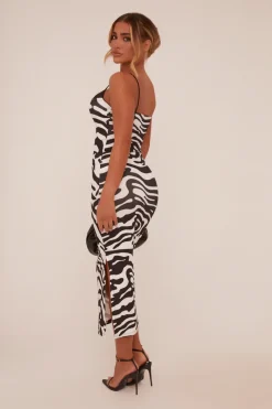 Rebellious Fashion Black Zebra Print Lace Trim Maxi Dress - Kerry