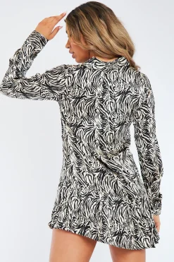 Rebellious Fashion Black Zebra Print Satin Button Up Shirt Dress - Zoey