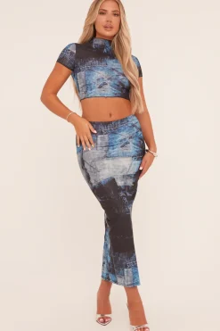 Rebellious Fashion Black Abstract Print Cropped Top & Maxi Skirt Co-ord Set - Amely