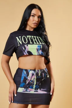 Rebellious Fashion Black Abstract Print Cropped Top & Mini Skirt Co-ord Set - Flora