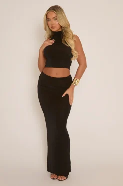 Rebellious Fashion Black Acetate Slinky Halter Top & Maxi Skirt Co-ord Set - Alice