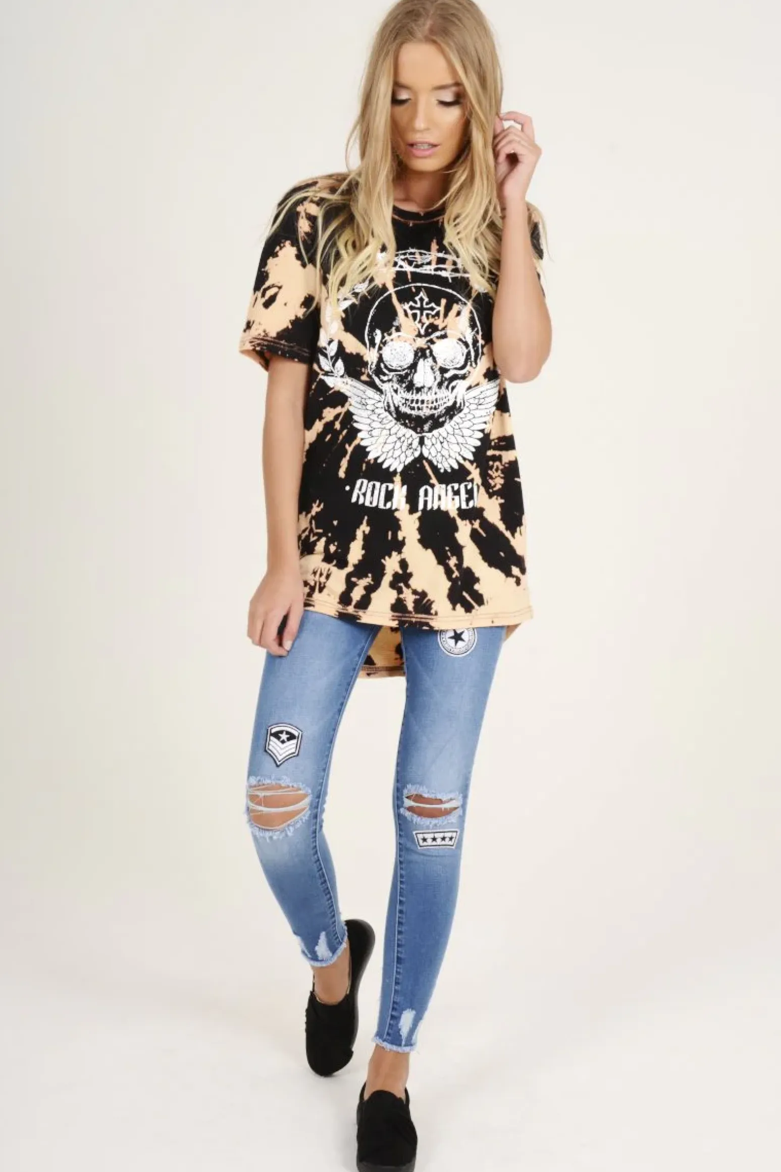 Rebellious Fashion Black Acid Wash Rock Angel Slogan T-shirt Dress - Eden