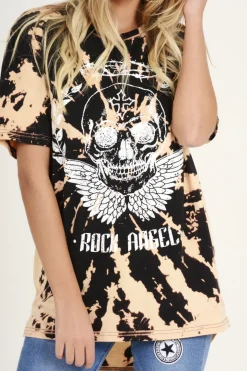 Rebellious Fashion Black Acid Wash Rock Angel Slogan T-shirt Dress - Eden