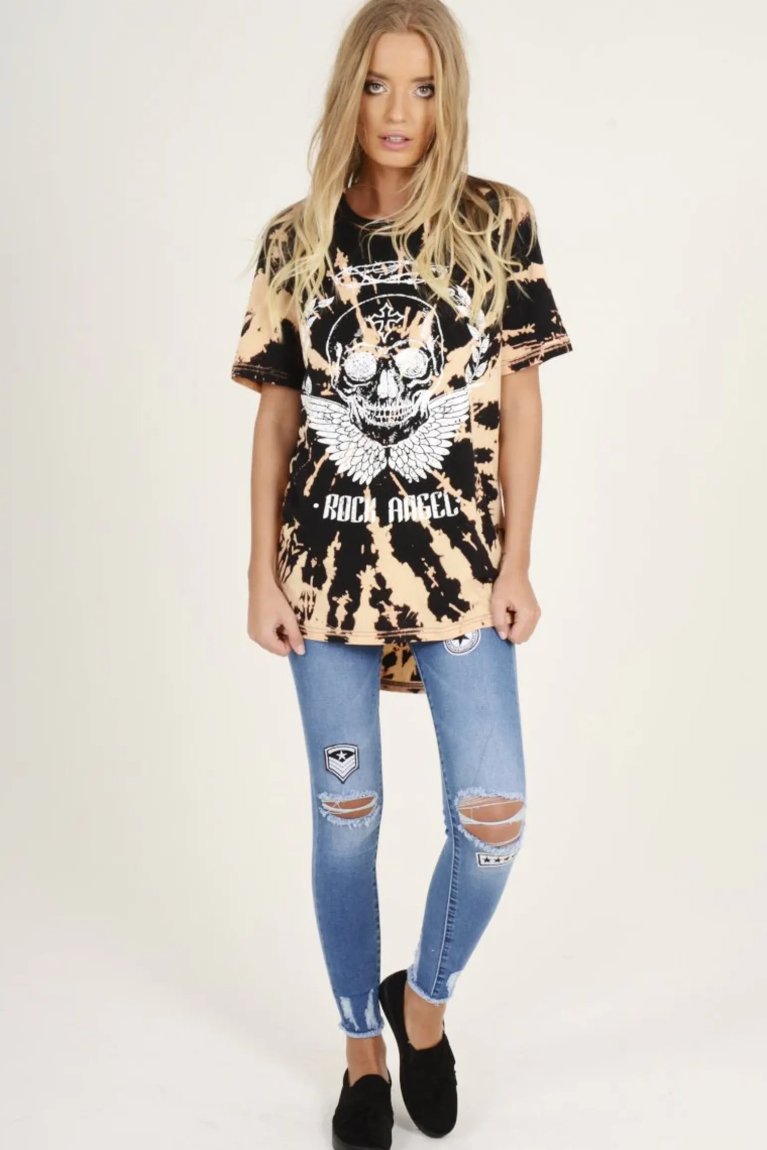 Rebellious Fashion Black Acid Wash Rock Angel Slogan T-shirt Dress - Eden