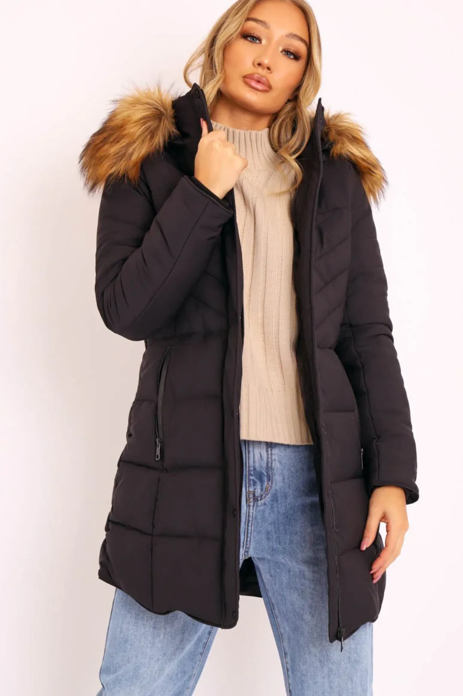 Rebellious Fashion Black Adjustable Back Long Puffer Coat - Maezie