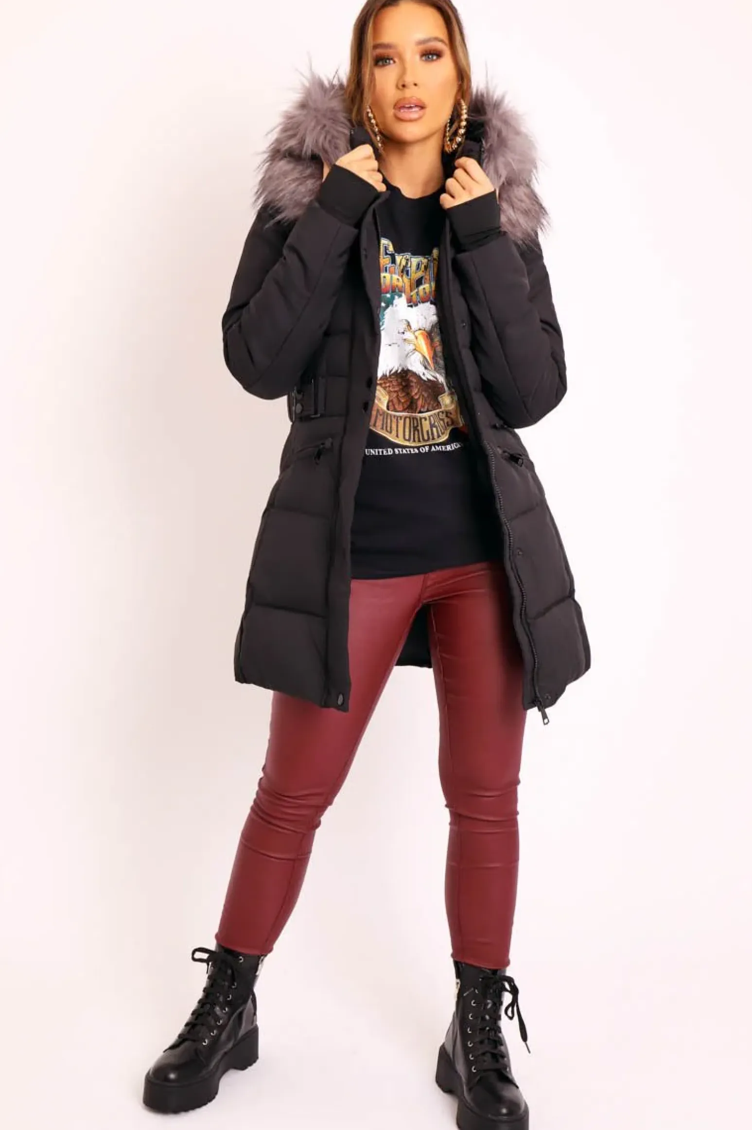 Rebellious Fashion Black Adjustable Waist Longline Puffer Coat - Zofia