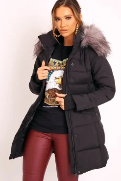 Rebellious Fashion Black Adjustable Waist Longline Puffer Coat - Zofia