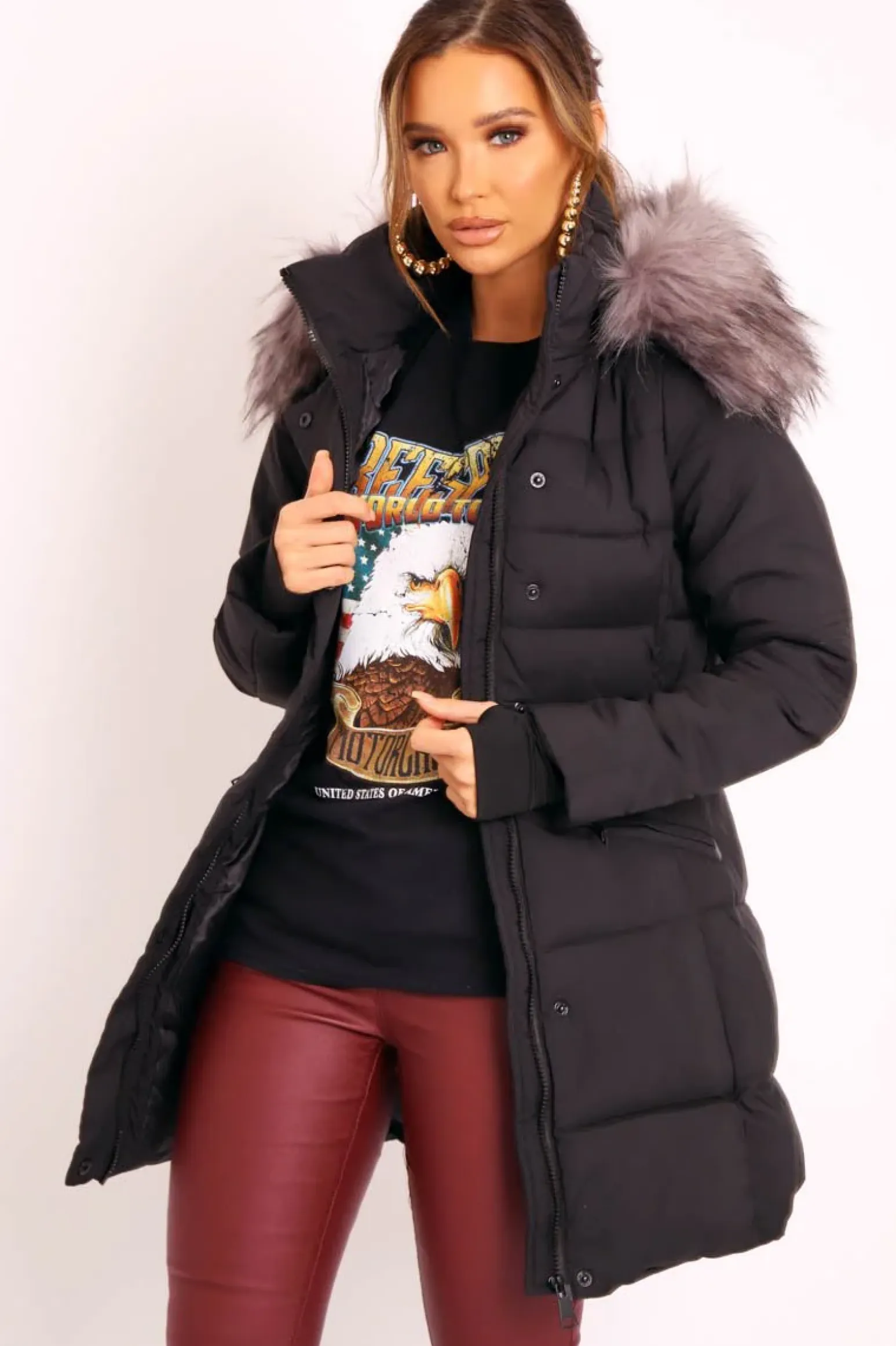 Rebellious Fashion Black Adjustable Waist Longline Puffer Coat - Zofia