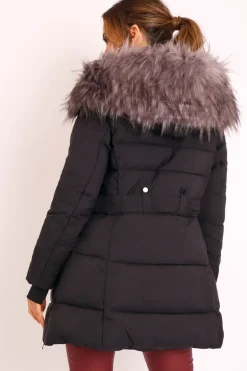 Rebellious Fashion Black Adjustable Waist Longline Puffer Coat - Zofia