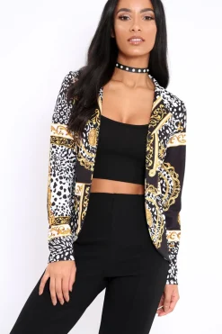 Rebellious Fashion Black & Gold Scarf Print Blazer Jacket - Oscar