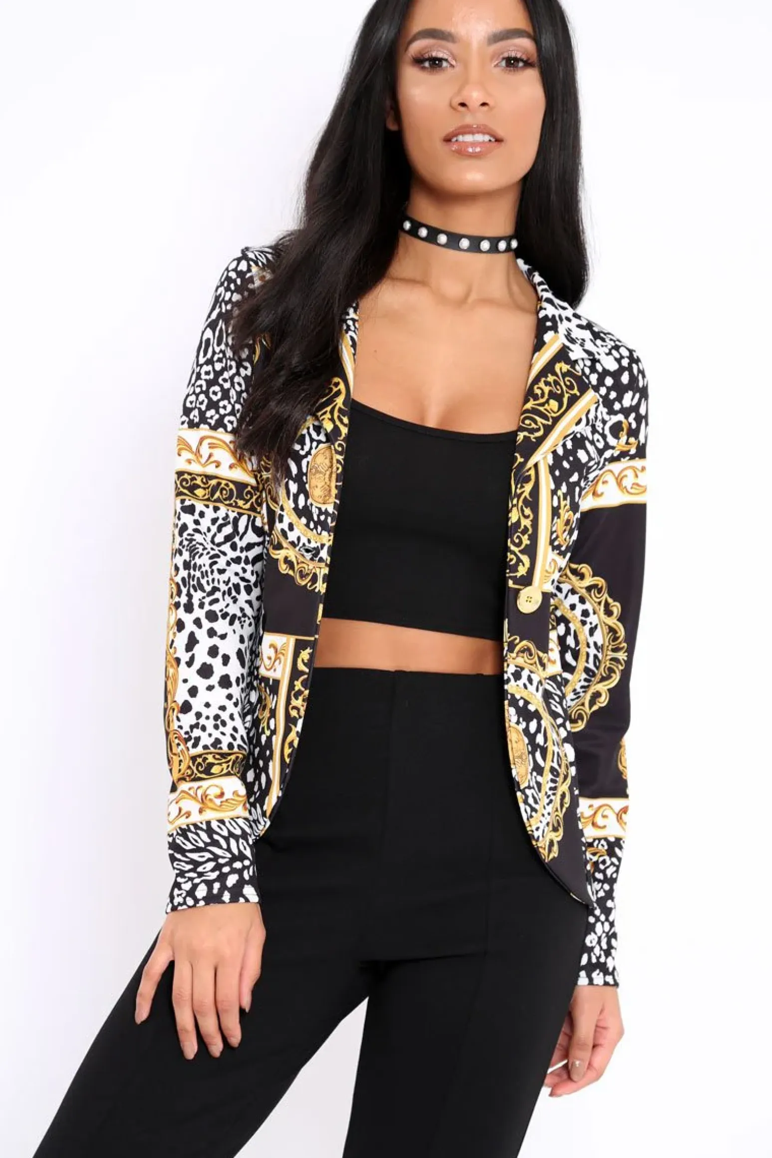 Rebellious Fashion Black & Gold Scarf Print Blazer Jacket - Oscar