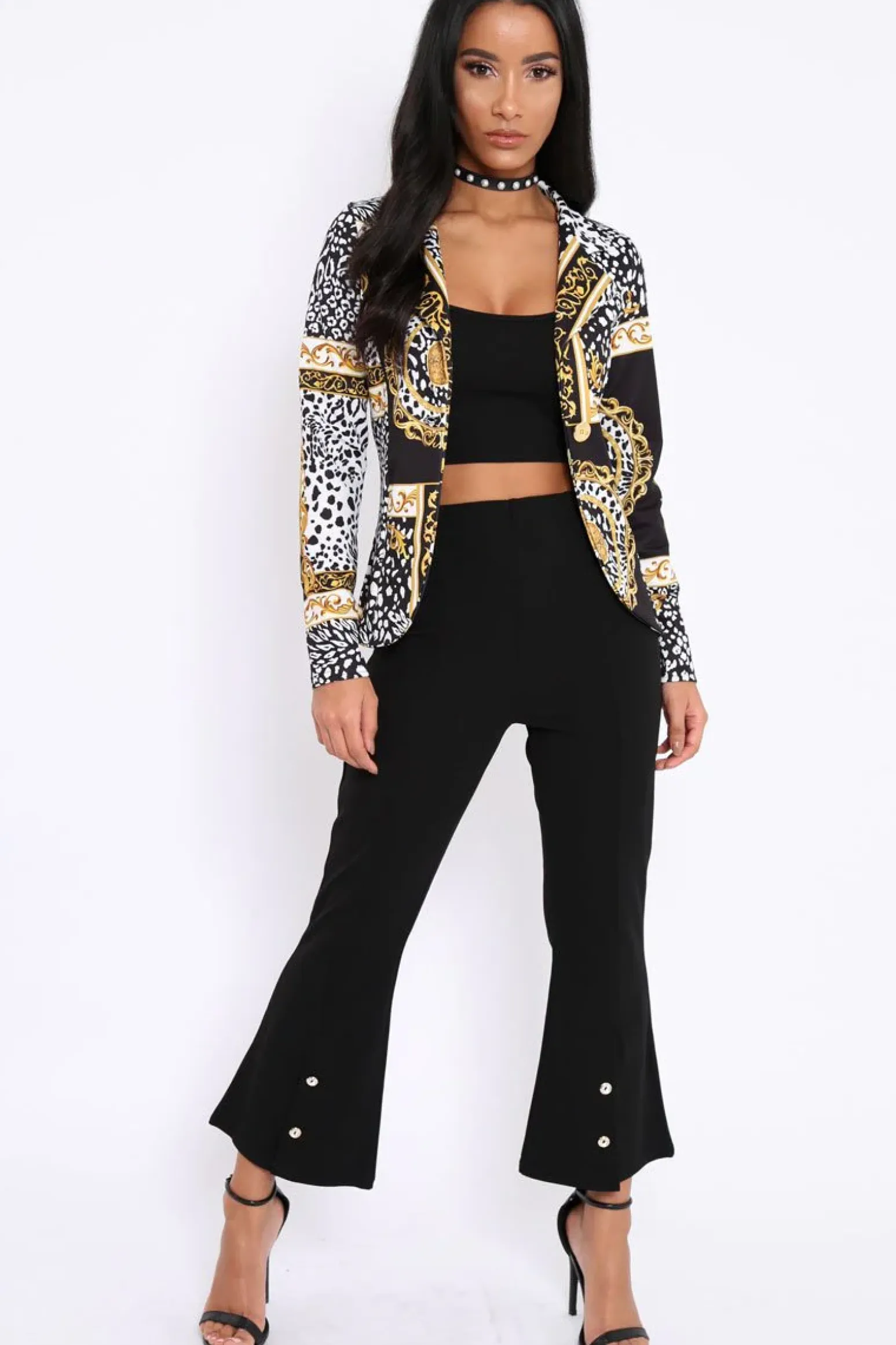 Rebellious Fashion Black & Gold Scarf Print Blazer Jacket - Oscar