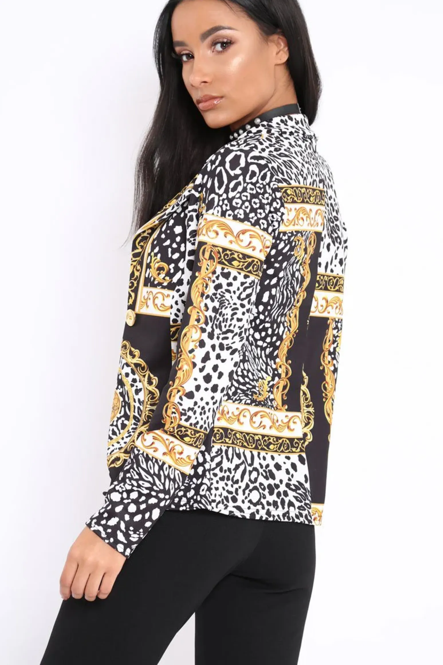 Rebellious Fashion Black & Gold Scarf Print Blazer Jacket - Oscar