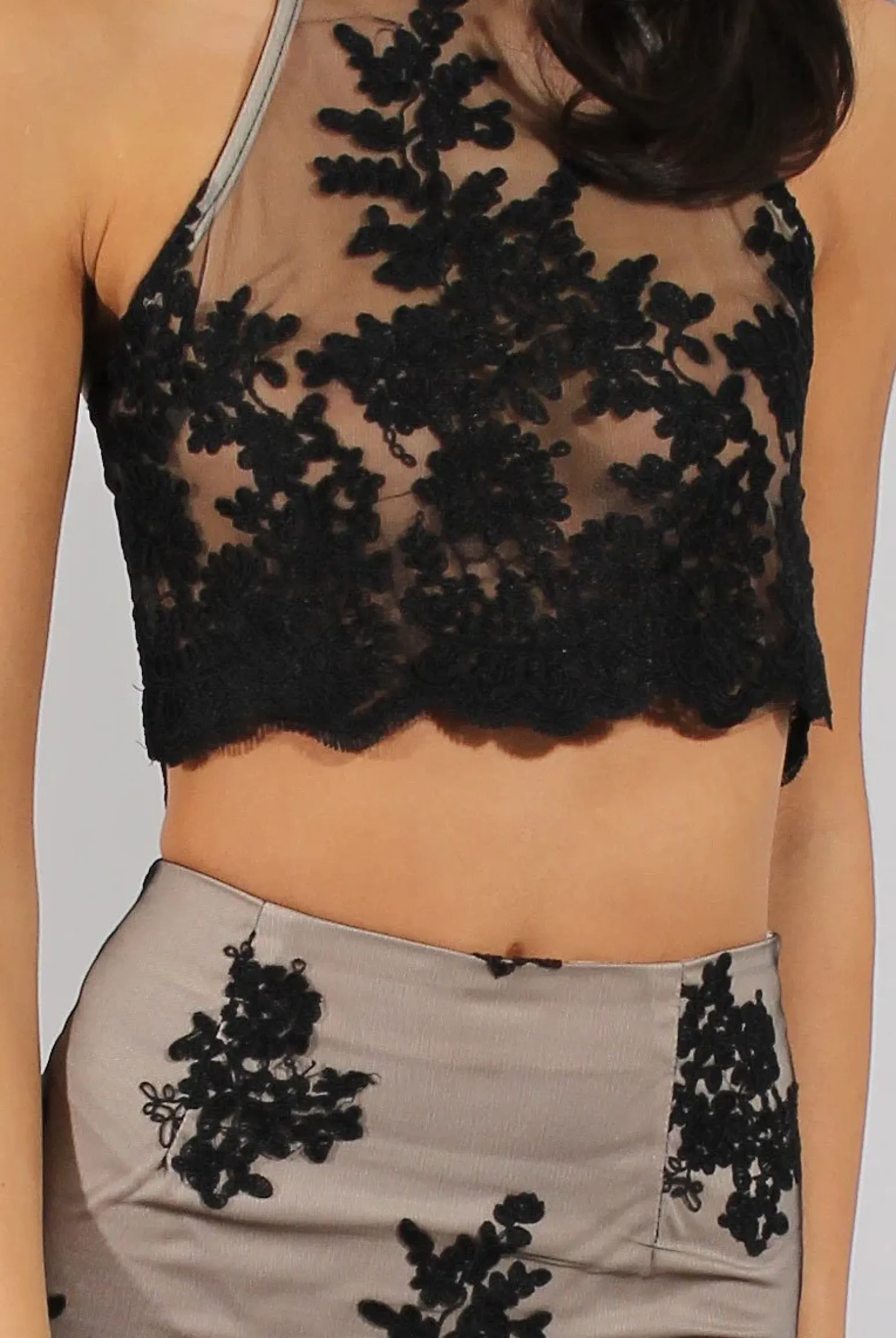 Rebellious Fashion Black & Nude Applique Mesh Co-Ord - Natalia