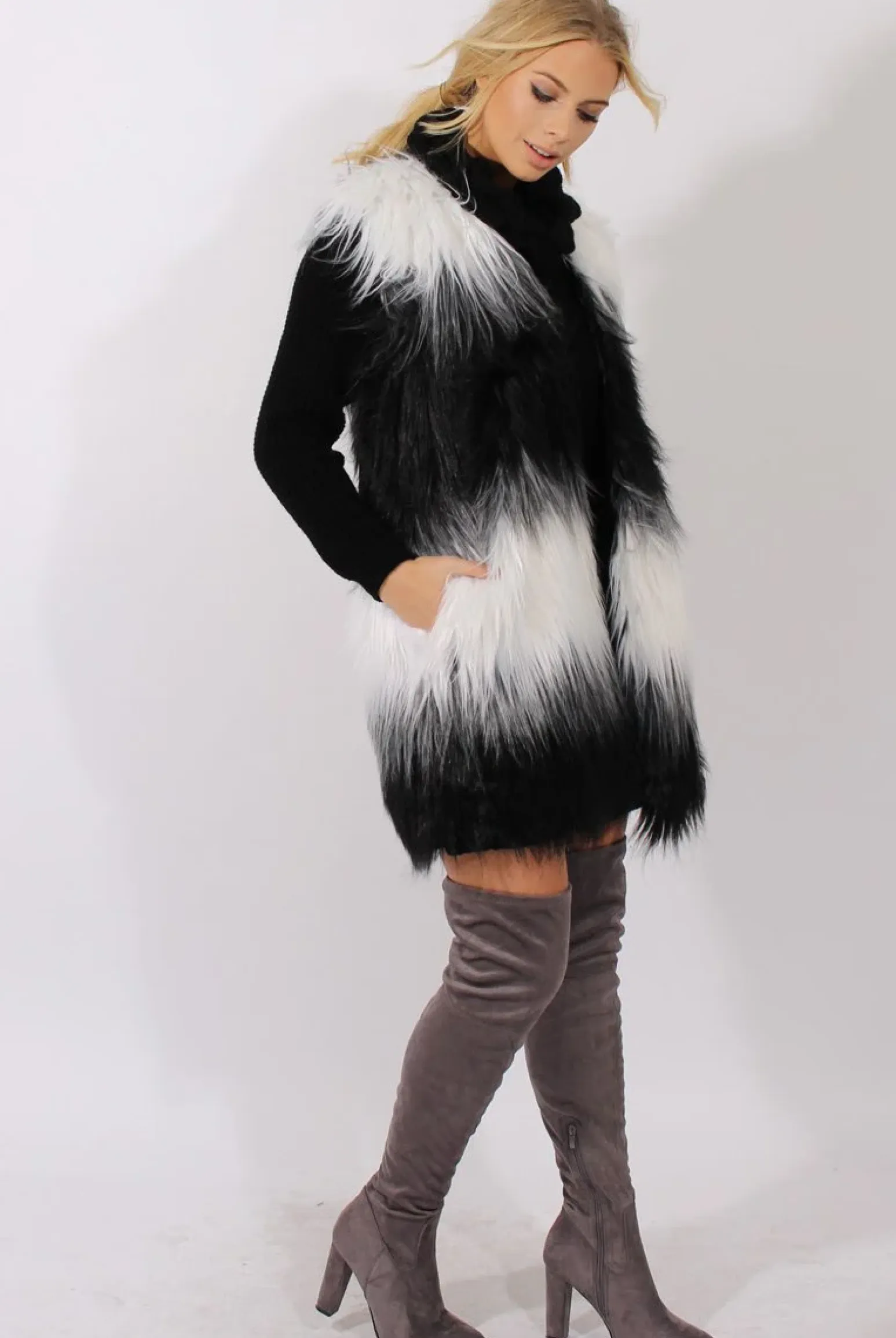 Rebellious Fashion Black & White Faux Fur Gilet - River