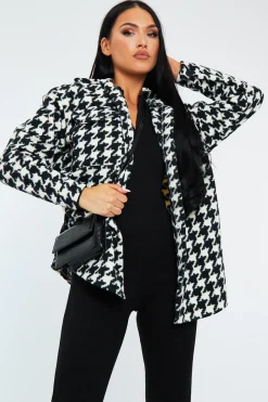 Rebellious Fashion Black & White Houndstooth Pocket Front Shacket - Aleri