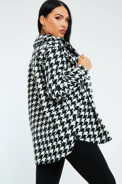 Rebellious Fashion Black & White Houndstooth Pocket Front Shacket - Aleri