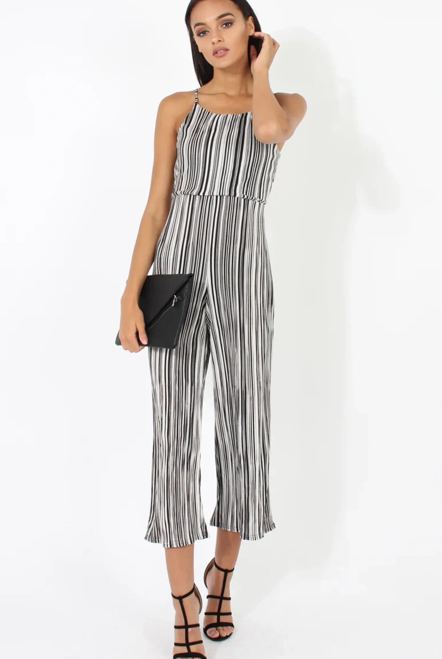 Rebellious Fashion Black & White Pleated Tie back Jumpsuit- Dublin