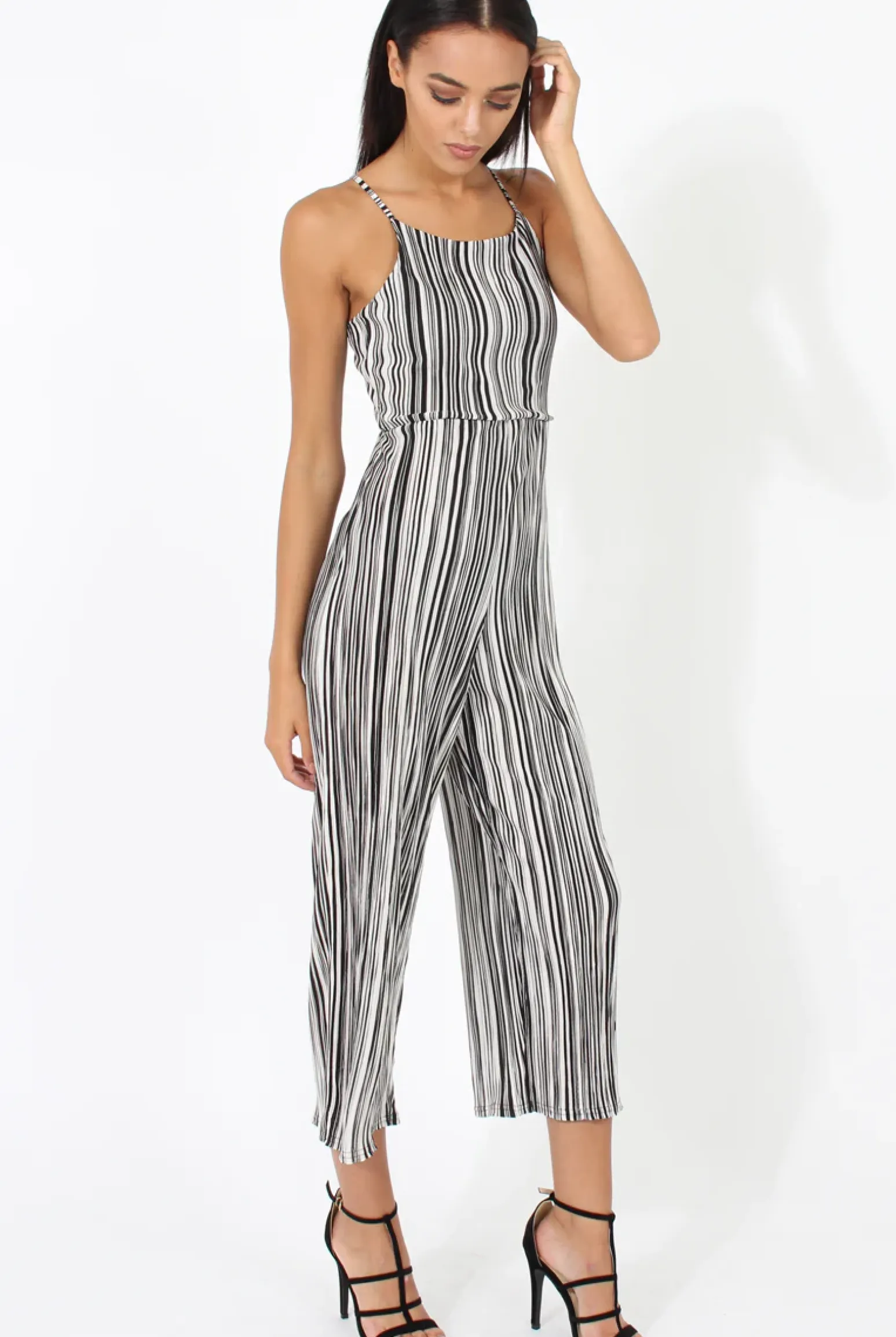 Rebellious Fashion Black & White Pleated Tie back Jumpsuit- Dublin