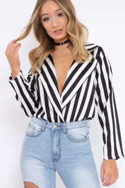 Rebellious Fashion Black & White Striped Open Collar Bodysuit - Torie