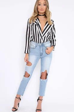 Rebellious Fashion Black & White Striped Open Collar Bodysuit - Torie