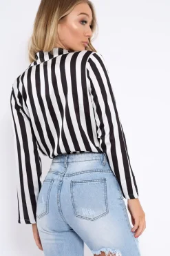 Rebellious Fashion Black & White Striped Open Collar Bodysuit - Torie